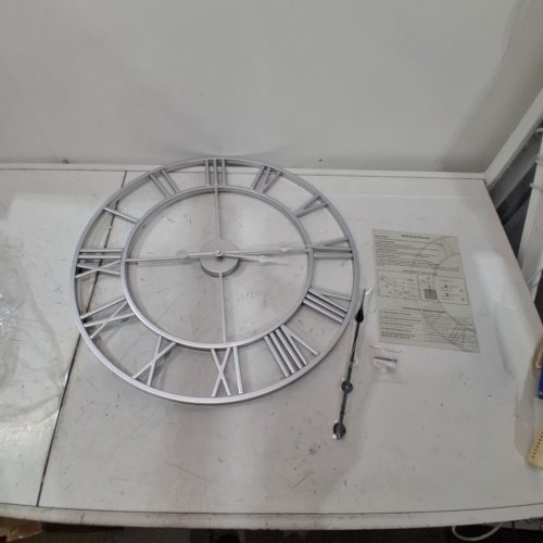 LARGE SILENT NON-TICKING DECORATIVE WALL CLOCK ROMAN NUMERALS BATTERY POWERED - 24" - SILVER image 2