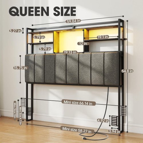 WATHPUR UPHOLSTERED METAL STORAGE HEADBOARD WITH SHELVES, LED LIGHTS, & CHARGING STATION - QUEEN - GREY/BLACK - (MODEL: CT399-Q-BK+DG) image 2