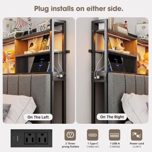 WATHPUR UPHOLSTERED METAL STORAGE HEADBOARD WITH SHELVES, LED LIGHTS, & CHARGING STATION - QUEEN - GREY/BLACK - (MODEL: CT399-Q-BK+DG) image 3