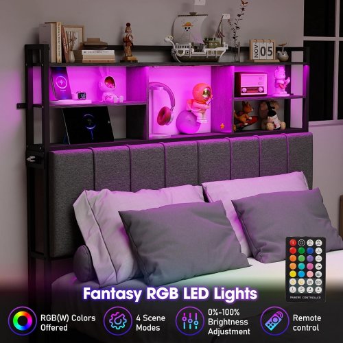 WATHPUR UPHOLSTERED METAL STORAGE HEADBOARD WITH SHELVES, LED LIGHTS, & CHARGING STATION - QUEEN - GREY/BLACK - (MODEL: CT399-Q-BK+DG) image 4