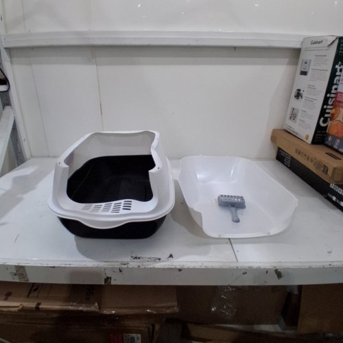 CAT LITTER BOX WITH HOOD AND LID- 19" X 13" - BLACK/WHITE image 2