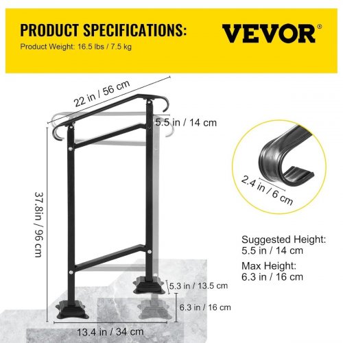 WROUGHT IRON OUTDOOR 1-2 STEP STAIR RAILING HANDRAIL - BLACK (MODEL: LTFSLDS1BMLFS0001) image 5