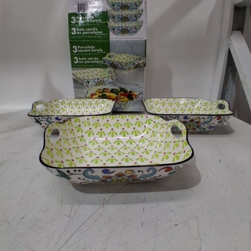 3PK SQUARE PORCELAIN BOWLS - 8.6" X 7.7" X 2.7" - MULTI-COLOUR image 2
