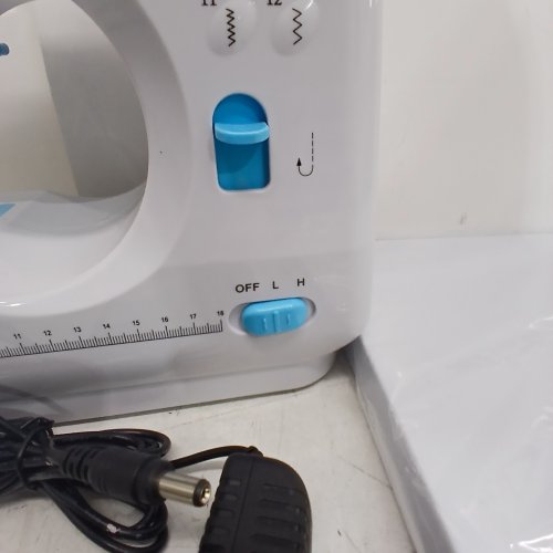 MINI ELECTRIC PORTABLE SEWING MACHINE WITH 12 STITCHES, LED LIGHT, ACCESSORIES & TABLE EXTENSION - WHITE/BLUE (MODEL: SM-505) image 2