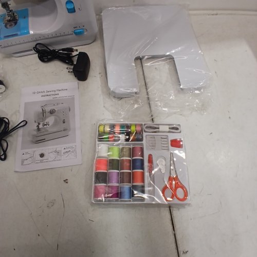 MINI ELECTRIC PORTABLE SEWING MACHINE WITH 12 STITCHES, LED LIGHT, ACCESSORIES & TABLE EXTENSION - WHITE/BLUE (MODEL: SM-505) image 4