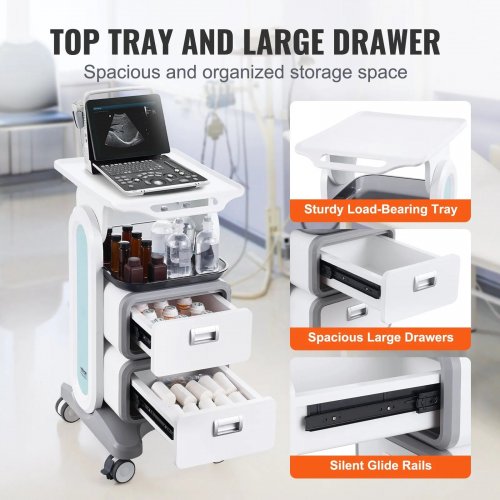 VEVOR 3 TIERS LAB CARTS, LAB UTILITY CART WITH 2 DRAWERS & 1 TOP TRAY - WHITE (MODEL: FY-TT2C) image 2