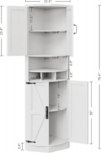 IRONCK TALL CORNER STORAGE CABINET WITH 4 DOORS & WINE SHELF - 70" X 22" - WHITE - (MODEL: HK-SC-CLS01) image 2