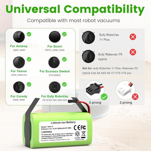 LITHIUM-ION BATTERY REPLACEMENT FOR SELECT ROBOT VACUUM MODELS - 14.4 V 4000 MAH 57.6WH - GREEN (MODEL: TW4-11) image 2