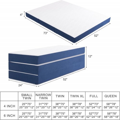 TWOLIKE TRI FOLDING MEMORY FOAM MATTRESS - 52" X 73" X 4" - FULL - BLUE AND WHITE image 2