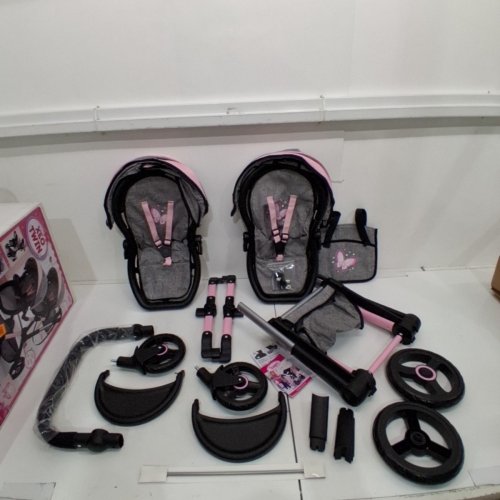 BAYER XEO TWIN DOLL CARRIAGE STROLLER FOR DOLLS UP TO 18" - 30" X 14.5" X 29.5" - GREY/PINK (MODEL: 26733AA) image 2