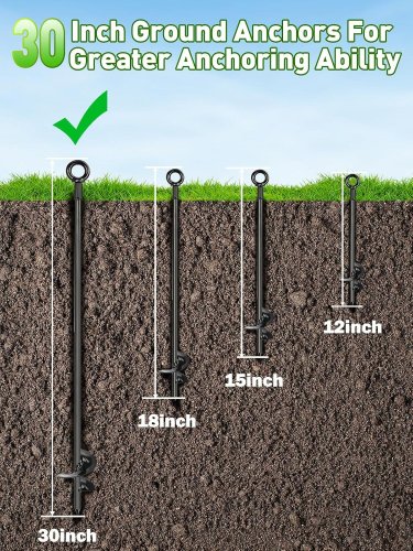 6PK HANNGER LONG GROUND ANCHORS KIT WITH 3/16" GALVANIZED CABLE & TURNBUCKLES/SNAP HOOKS - 30" - BLACK image 2
