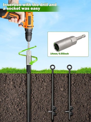 6PK HANNGER LONG GROUND ANCHORS KIT WITH 3/16" GALVANIZED CABLE & TURNBUCKLES/SNAP HOOKS - 30" - BLACK image 3