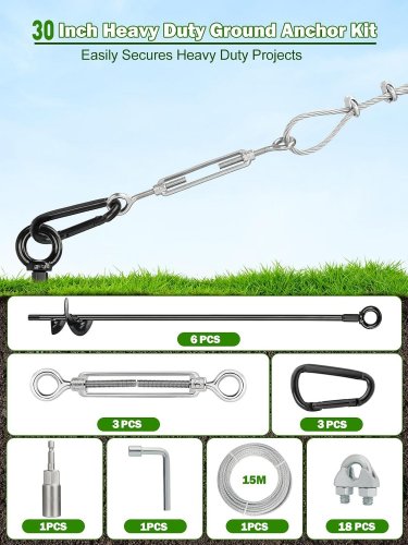 6PK HANNGER LONG GROUND ANCHORS KIT WITH 3/16" GALVANIZED CABLE & TURNBUCKLES/SNAP HOOKS - 30" - BLACK image 5
