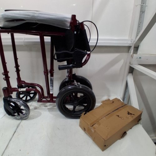 MEDLINE BASIC ALUMINUM TRANSPORT WHEELCHAIR 12" REAR WHEELS WITH BRAKES - 19"/300LBS CAPACITY - RED/BLACK (MODEL: MDS808210ARE) image 2