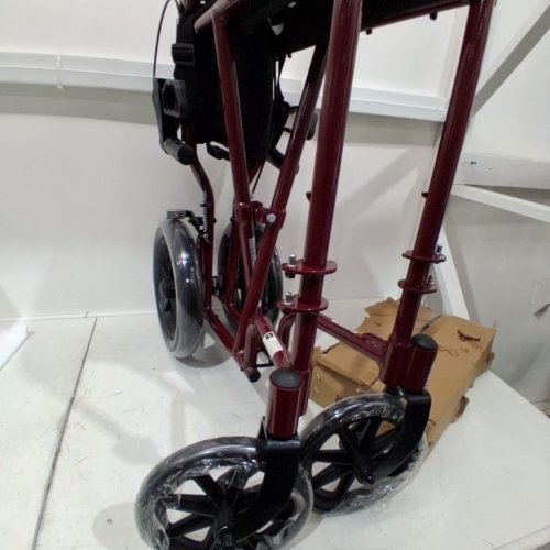 MEDLINE BASIC ALUMINUM TRANSPORT WHEELCHAIR 12" REAR WHEELS WITH BRAKES - 19"/300LBS CAPACITY - RED/BLACK (MODEL: MDS808210ARE) image 3