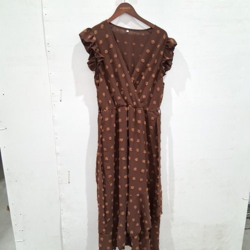 WOMEN'S FLORAL RUFFLE SLEEVE DRESS - LARGE - BROWN image 2