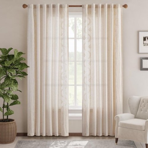 2PANEL JINCHAN FLORAL EMBROIDERED LINEN FARMHOUSE CURTAINS - 84" - BEIGE (MODEL: DYMBT-BBSH-5084C04) image 2