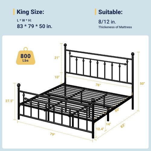 ALLEWIE METAL PLATFORM BED FRAME WITH VICTORIAN STYLE IRON-ART HEADBOARD AND FOOTBOARD - KING - BLACK (MODEL: YCSGQTY001-4) image 2