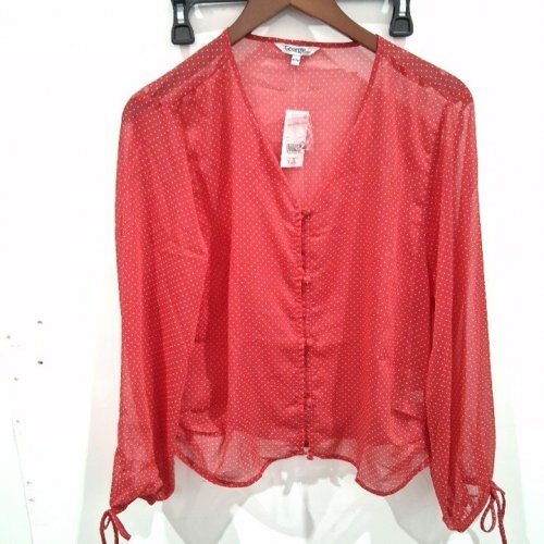 WOMEN'S GEORGE SHEER SEE THROUGH LOGN SLEEVE POLKA DOT BLOUSE - MEDIUM - RED image 2