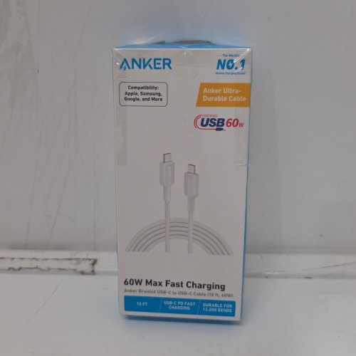 ANKER DURABLE BRAIDED CHARGING CABLE - USB-C TO USB-C - 60W - 10FT - WHITE (MODEL: A81F7) image 3
