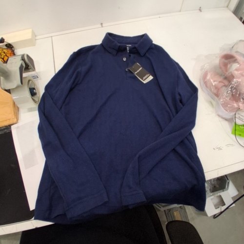 MENS VAN HEUSEN HERRINGBONE LONG SLEEVE POLO SHIRT -SMALL - NAVY image 2