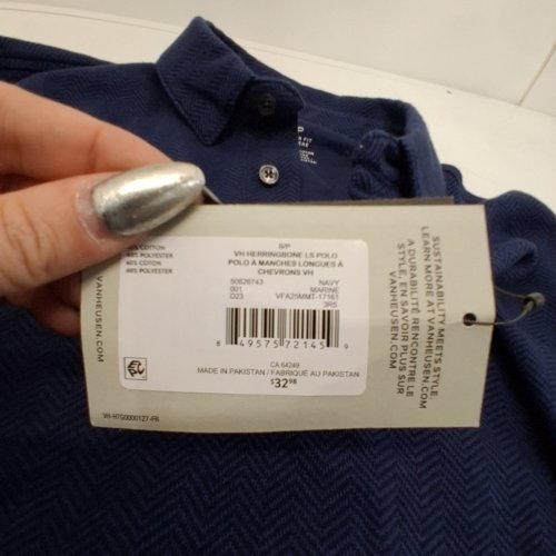 MENS VAN HEUSEN HERRINGBONE LONG SLEEVE POLO SHIRT -SMALL - NAVY image 3
