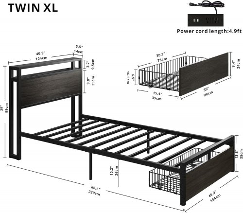 LIKIMIO BED FRAME WITH STORAGE DRAWER AND CHARGING STATION - TWIN XL - VINTAGE BROWN (MODEL: HK-TXBF-24) image 2