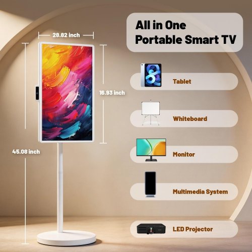 VLH SMART PORTABLE TV TABLET WITH ROLLING STAND AND REMOTE CONTROL - ANDROID 15, 8+128GB, 38400MAH BATTERY, 5MP CAMERA - 32" - WHITE (MODEL: M01) image 5