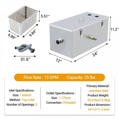 GARVEE COMMERCIAL GREASE TRAP - 25LBS - 13GPM - STAINLESS STEEL (MODEL: PHO_14J7FR1G) image 2