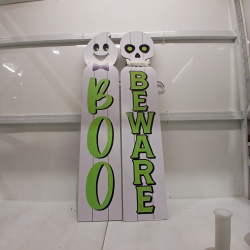 2PK REVERSIBLE FRENCH/ENGLISH DECORATIVE WOODEN HALLOWEEN PORCH SIGNS - 9.5" X 48" - WHITE GHOST AND SKELETON image 2