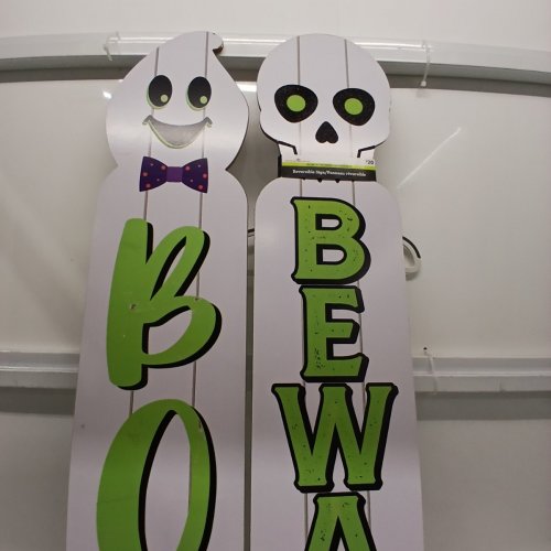 2PK REVERSIBLE FRENCH/ENGLISH DECORATIVE WOODEN HALLOWEEN PORCH SIGNS - 9.5" X 48" - WHITE GHOST AND SKELETON image 4