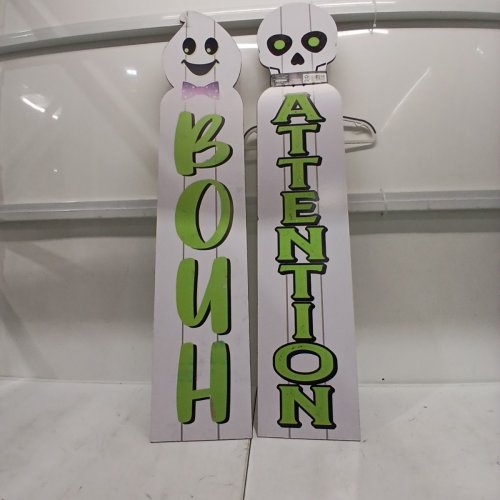 2PK REVERSIBLE FRENCH/ENGLISH DECORATIVE WOODEN HALLOWEEN PORCH SIGNS - 9.5" X 48" - WHITE GHOST AND SKELETON image 5
