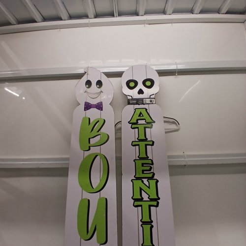 2PK REVERSIBLE FRENCH/ENGLISH DECORATIVE WOODEN HALLOWEEN PORCH SIGNS - 9.5" X 48" - WHITE GHOST AND SKELETON image 7