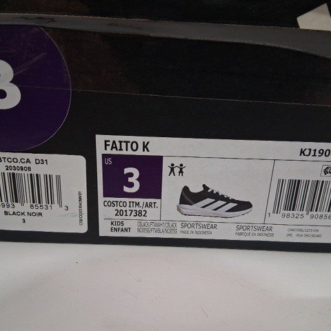 KID'S ADIDAS FAITO K SNEAKERS - SIZE 3 - BLACK / WHITE (ITEM: KJ1900) image 2