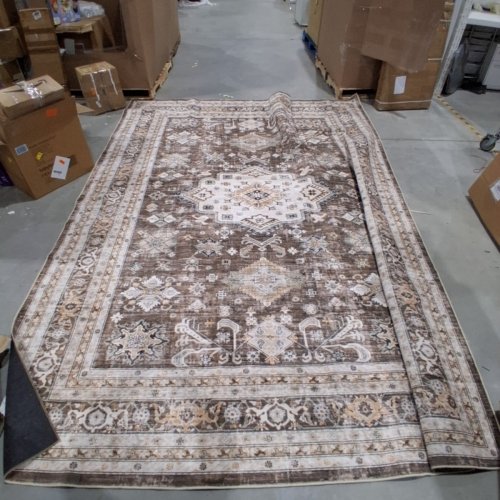 WASHABLE VINTAGE ORIENTAL TRADITIONAL DISTRESSED FARMHOUSE AREA RUG - 9FT X 12FT - DARK BROWN/CREAM image 2