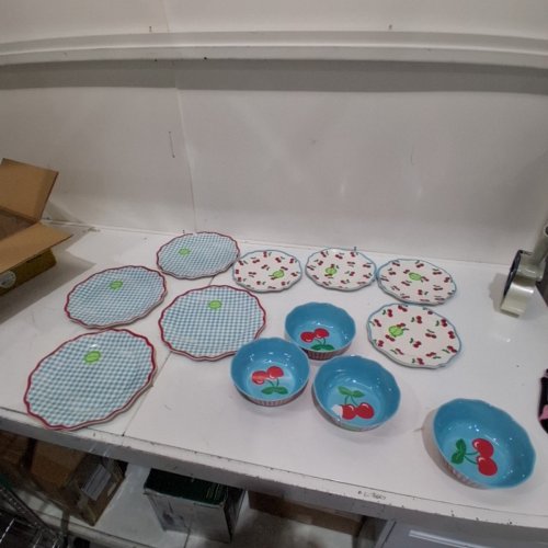 12PC CHERRY PATTERN BAMBOO FIBER DINNERWARE SET - BLUE/RED /WHITE image 2