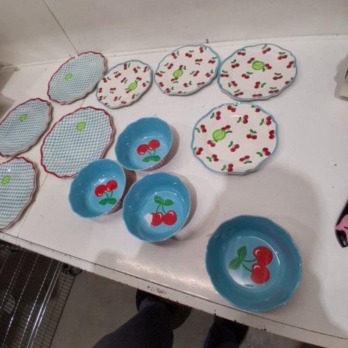 12PC CHERRY PATTERN BAMBOO FIBER DINNERWARE SET - BLUE/RED /WHITE image 4
