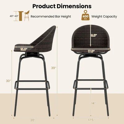 2PK SWIVEL RATTAN PATIO BAR STOOLS - 30"/400LBS MAX - DARK BROWN/BLACK (MODEL: HW75977BN-2) image 2