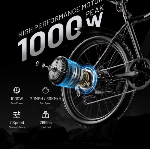 C INVERTER TAURUS ELECTRIC OFFROAD BIKE WITH 4" FAT TIRES, LOCKABLE SUSPENSION, & REMOVABLE BATTERY - 1000W, 32KM/H, 26" WHEELS - BLACK/RED image 2