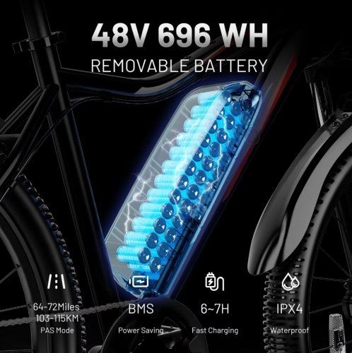 C INVERTER TAURUS ELECTRIC OFFROAD BIKE WITH 4" FAT TIRES, LOCKABLE SUSPENSION, & REMOVABLE BATTERY - 1000W, 32KM/H, 26" WHEELS - BLACK/RED image 3