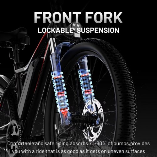C INVERTER TAURUS ELECTRIC OFFROAD BIKE WITH 4" FAT TIRES, LOCKABLE SUSPENSION, & REMOVABLE BATTERY - 1000W, 32KM/H, 26" WHEELS - BLACK/RED image 4