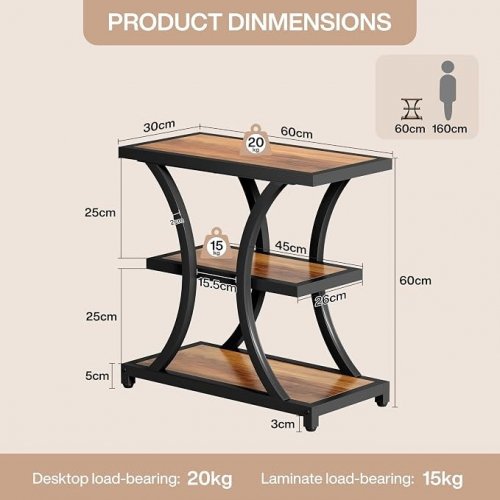 3-TIER SIDE TABLE WITH GEOMETRIC METAL FRAME FOR LIVING ROOM BEDROOM STUDY- BROWN AND BLACK (MODEL: HOGA-F2308) image 2