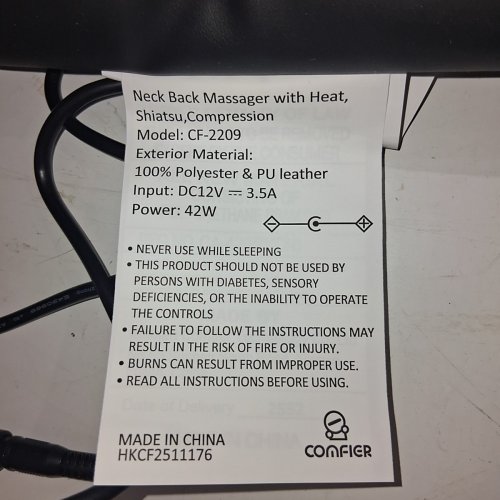 COMFIER SHIATSU NECK & BACK MASSAGER WITH HEAT - BLACK (MODEL: CF-2209) image 5