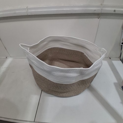 WOVEN BLANKET BASKET WITH HANDLE - 20" X 14" - BEIGE AND WHITE image 3