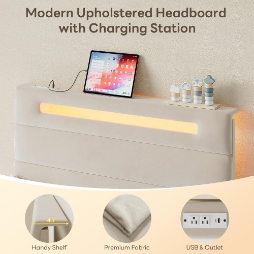 LIKIMIO BED FRAME WITH STORAGE DRAWER, CHARGING STATION AND LED LIGHT - TWIN - BEIGE (MODEL: HK-TBF-JH01-1) image 2