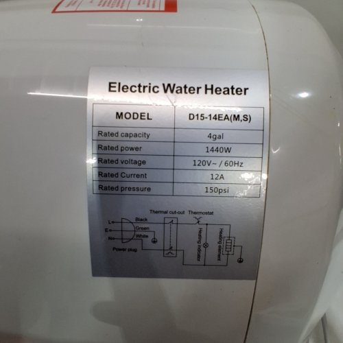 ELECTRIC UNDER SINK WATER HEATER - 4 GAL - 1440W - 120 V - WHITE (MODEL: D15-14EA(M,S)) image 5