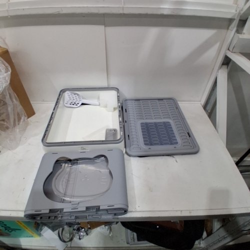 HELLOMIAO FULLY ENCLOSED FOLDABLE DRAWER-TYPE CAT LITTER BOX WITH LID, PLASTIC SCOOP, DEODORIZING FILTER & FEATHER TOY - LIGHT GREY (MODEL: MSP-01) image 2