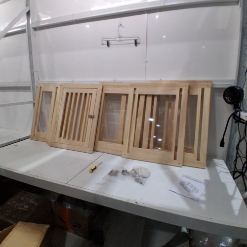 DOG PLAYPEN WITH DOOR HAS 8 PANELS - 36.5" X 35.5" X 23.5" - WOODEN/CLEAR image 2