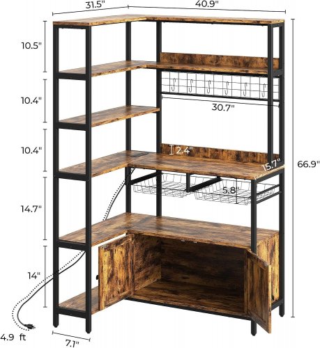 IRONCK L-SHAPED CORNER INDUSTRIAL BAKERS RACK WITH STORAGE & CHARGING STATION - 41" X 31" X 67" - RUSTIC BROWN/BLACK - (MODEL: HK-BR-16) image 2