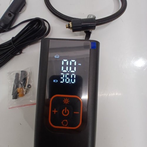 QKMPOM TIRE INFLATOR PORTABLE AIR COMPRESSOR - 180PSI -12V - BLACK/ORANGE (MODEL: L206) image 3